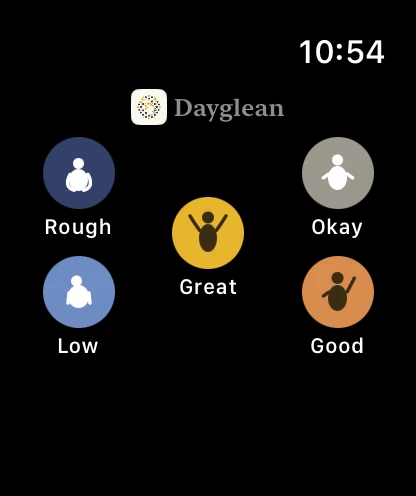 Dayglean on Apple Watch, showing the five moods as tappable faces.